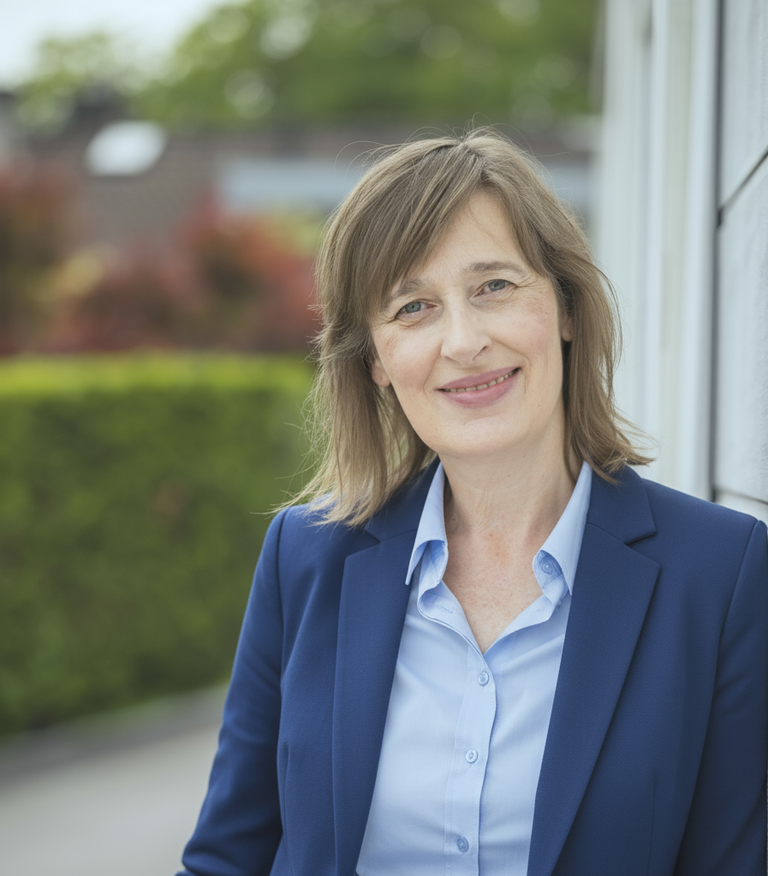 Frau mittleren Alters mit braunem langen Haar mit einem Lächeln in einem blauen Blazer