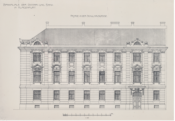 Filiale Klagenfurt, Aufriss der Hauptfassade. Gustav Zorn, 1909. © OeNB/Bankhistorisches Archiv