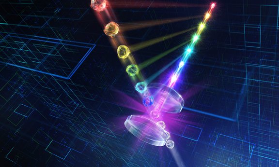 Illustration with two mirrors in the middle, through which a series of balls are pushed (all in different rainbow colors), with differently colored light particles emerging from the rear mirror.