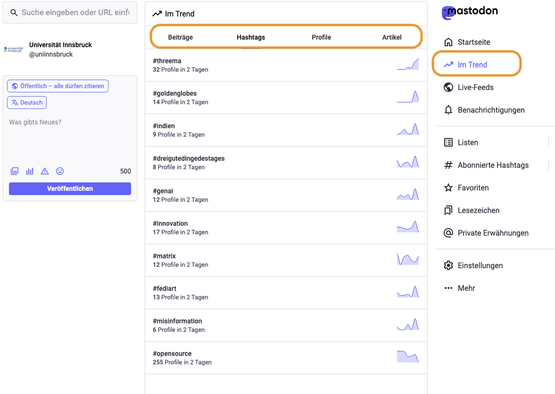 Screenshot Mastodon: rechte Spalte