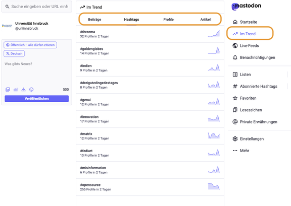 Screenshot Mastodon: rechte Spalte