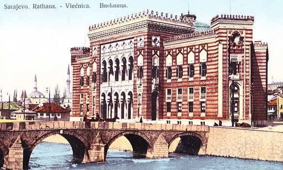 Rathaus in Sarajevo im Originalzustand, Historisches Archiv Sarajevo, ZFR-1666/4 – farbige Postkarte