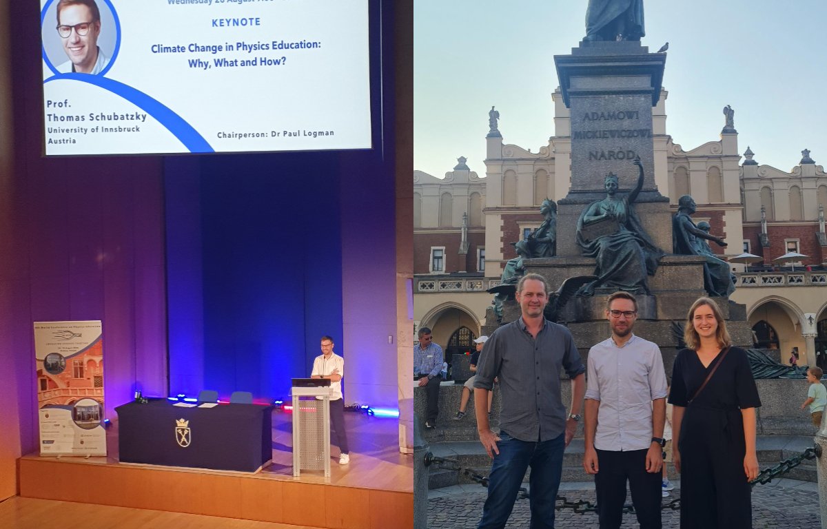 Thomas Schubatzky bei der Keynote (links), gemeinsam mit Sarah Wildbichler und Armin Lässer (rechts)