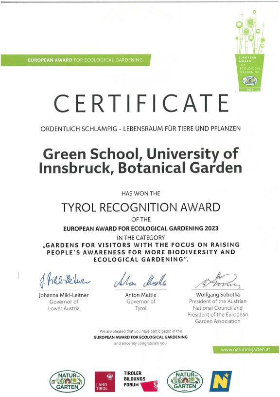 Zertifikat European Award for Ecological Gardening
