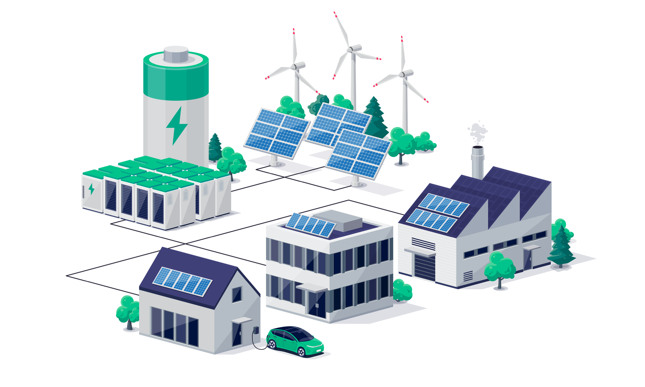 eine Vektorgrafik, die ein Energienetz zeigt von verschiedenen Häusern und Energieträgern