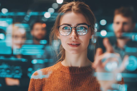 Frau im Büro von digitalem Board