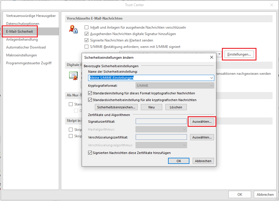 Trust Center Einstellungen 2