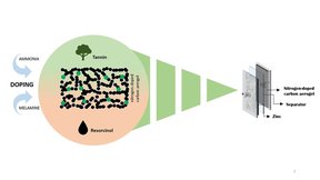 Similarities and differences between tannin- and resorcinol-based carbon aerogels: nitrogen-doping, electrical conductivity, and performance in a Zn-based electrochemical cell