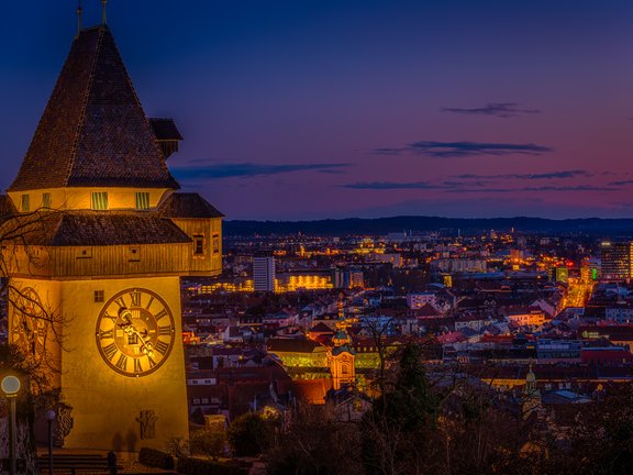 Clocktower in Graz at night