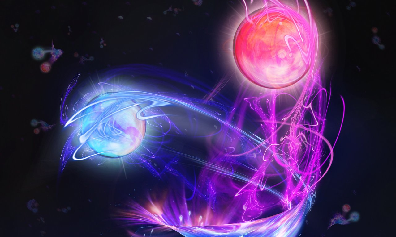 A red and a blue sphere emerging from the dark background.