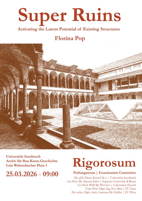 Plakat Rigorosum Super Ruins. Activating the Latent Potential of Existing Structures. Florina Pop, 2026.