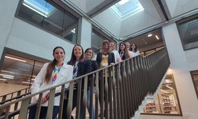 Acht Frauen stehen auf einer Treppe, die meisten davon eher jung