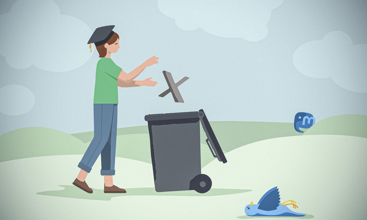 Illustration mit einer Person, die das X-Logo in eine Mülltonne wirft, vor grüner Landschaft im Hintergrund das Mastodon-Logo