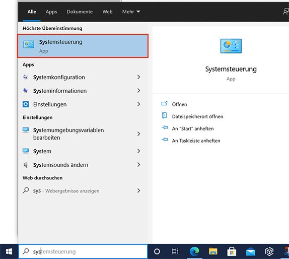 Aufruf Systemsteuerung