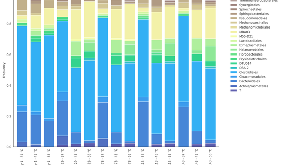 Bar chart showing the microbial community composition (on order level) of bioreactors operated at 37, 45 and 55 °C over a period of 143 days