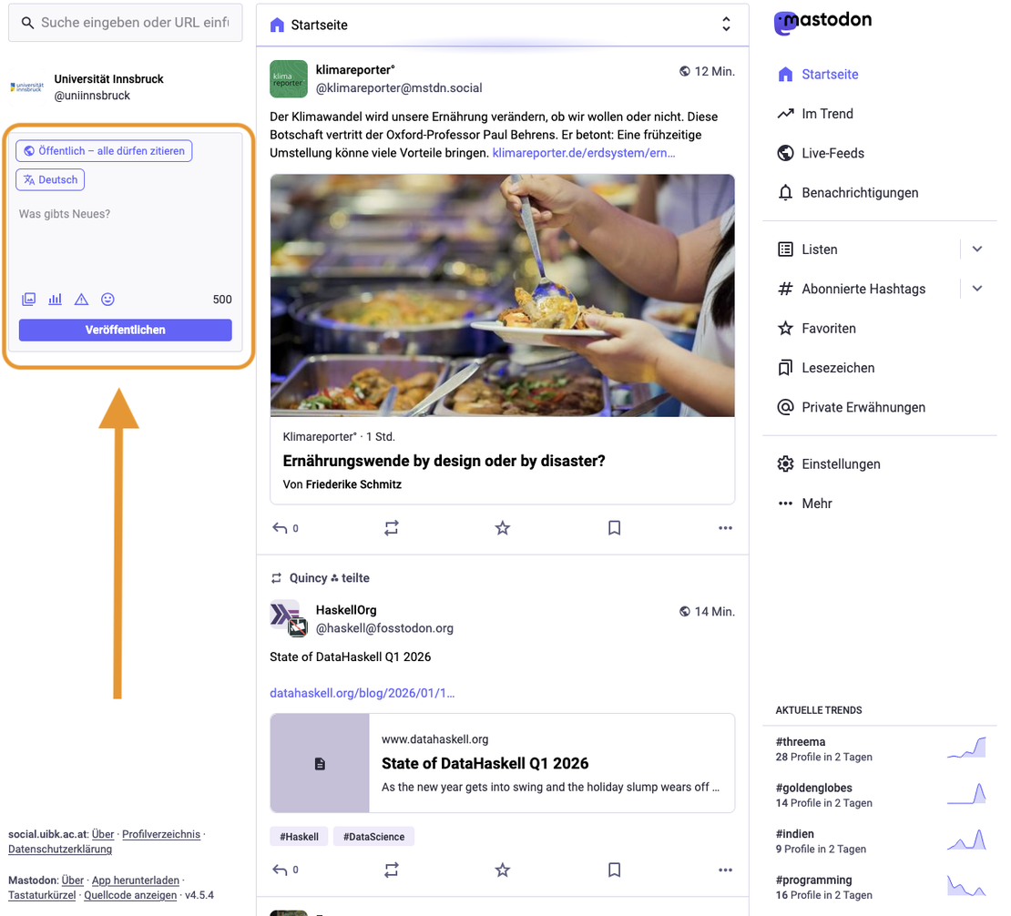 Screenshot Mastodon: Posting verfassen