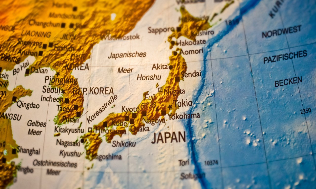 View of a map highlighting Japan and the offshore Japan Trench.