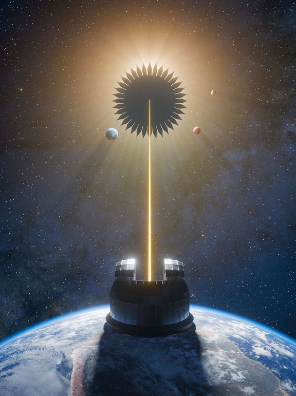 Eine Darstellung eines riesigen Teleskops auf der Erde zielt mit einem Laser auf einen blumenförmigen Abschirmkörper, rundum dessen das Licht eines verdeckten Sterns hervorstrahlt. Einige Planeten sind rundum dem Schirm zu sehen.
