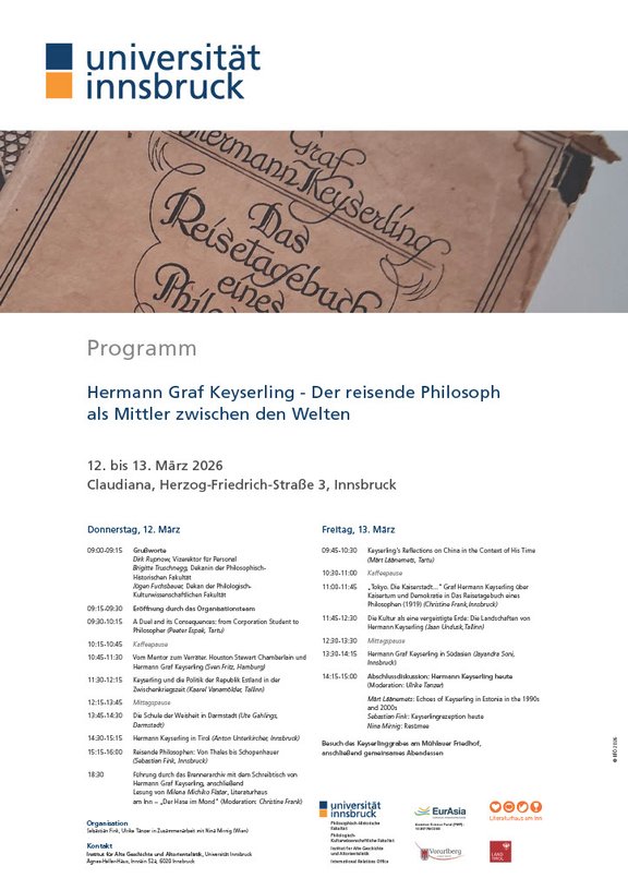 Eventposter mit Titel, Sujetbild (Cover Reisetagebuch), Programm und Fördergeber*innen
