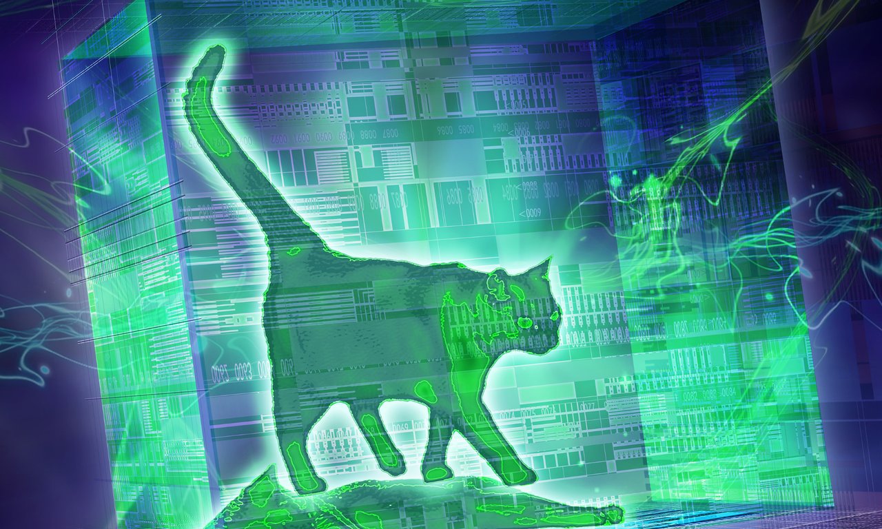Illustration von Schrödinger's Katze, grün leuchtend
