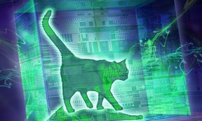 Illustration von Schrödinger's Katze, grün leuchtend