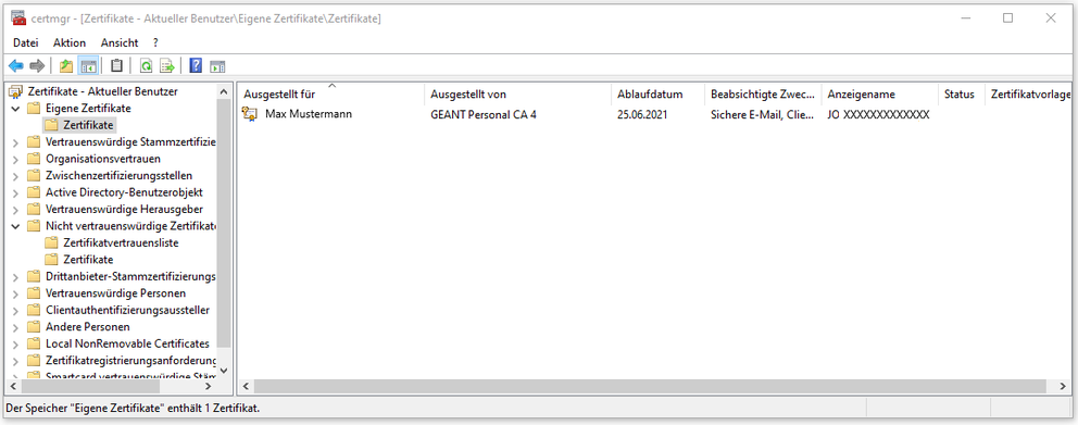 Benutzerzertifikate verwalten Einstellungen