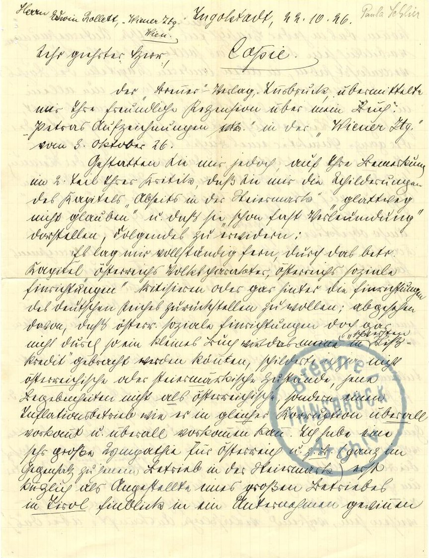 Nachl. P. Schlier, Sig. 117-11-22. Briefabschrift (handschr. „Copie“)