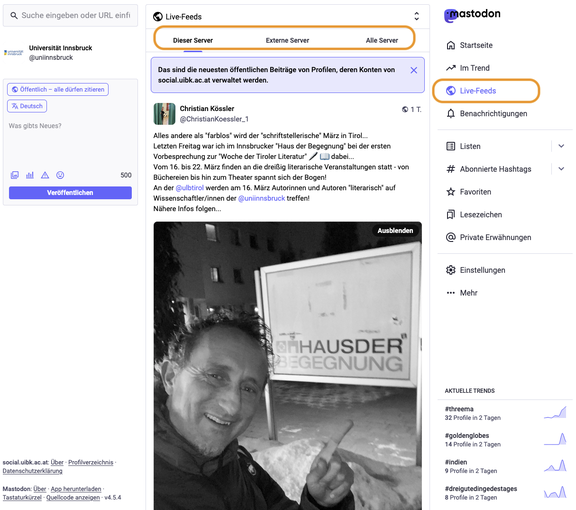 Screenshot Mastodon: Live Feeds