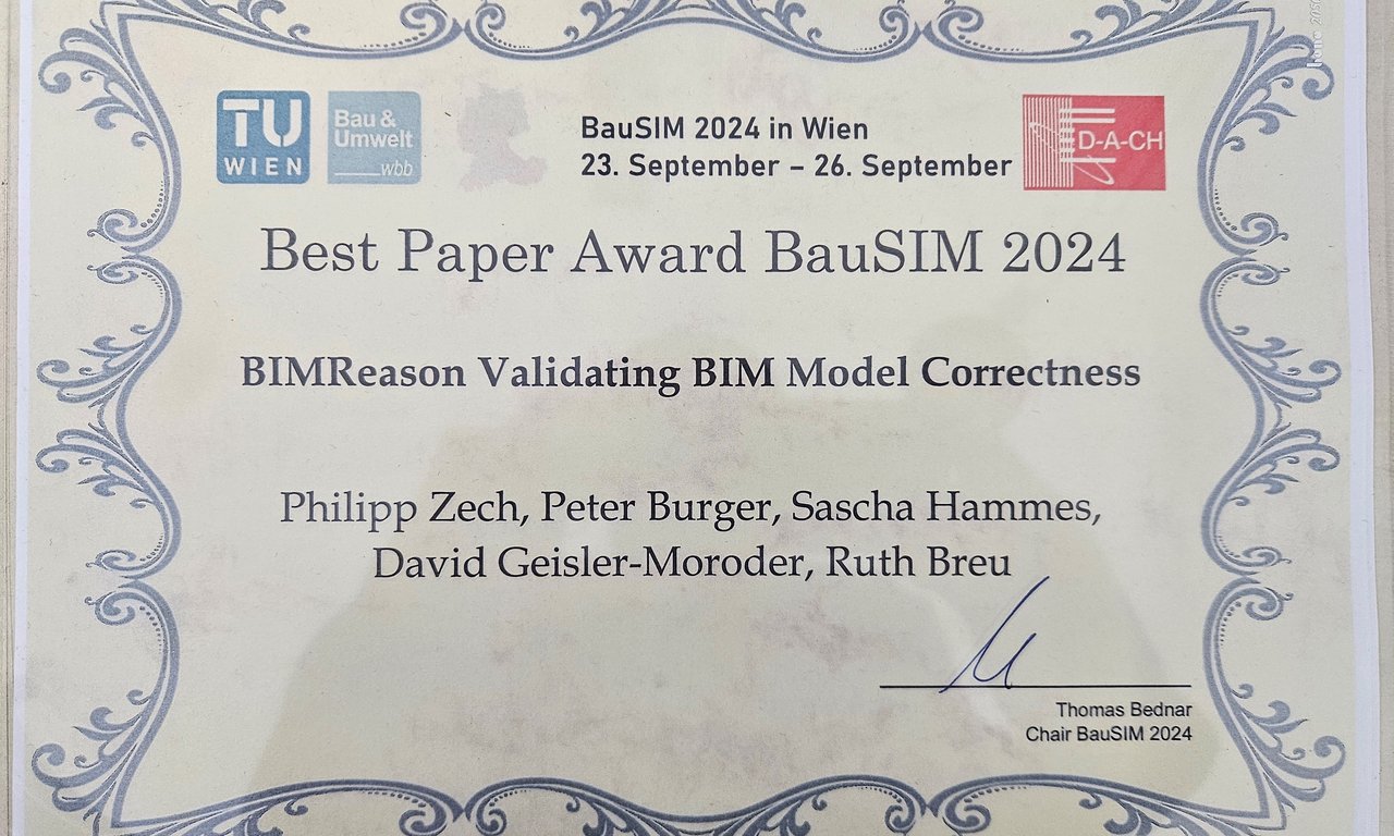 die urkunde mit Titel und den Award-Empfänger:innen der BauSIM Konferenz 2024