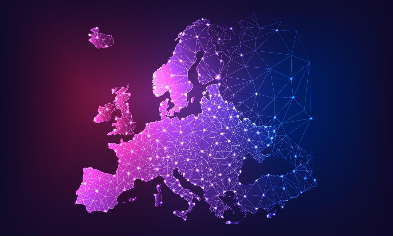 Europakarte in Lilatönen mit Netzwerkverbindungen