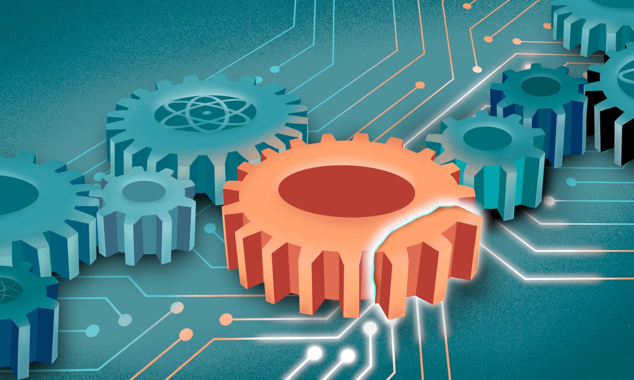 A stylized circuit board shows several gears (one of them red) meshing with one another.