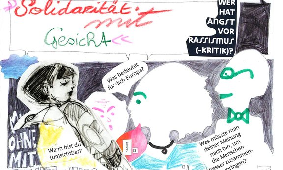 Collage von mehreren Gesichtern mit dem Titel "Solidarität mit Gesicht"