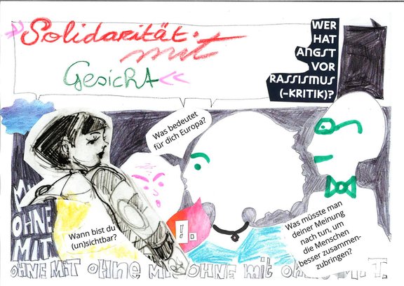 Collage von mehreren Gesichtern mit dem Titel "Solidarität mit Gesicht"