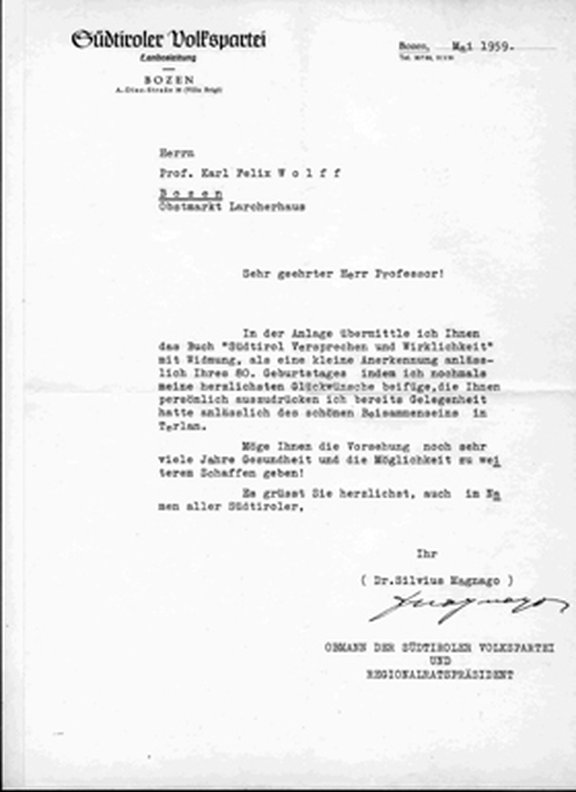 Brief von Silvius Magnago an Karl Felix Wolff, Mai 1959