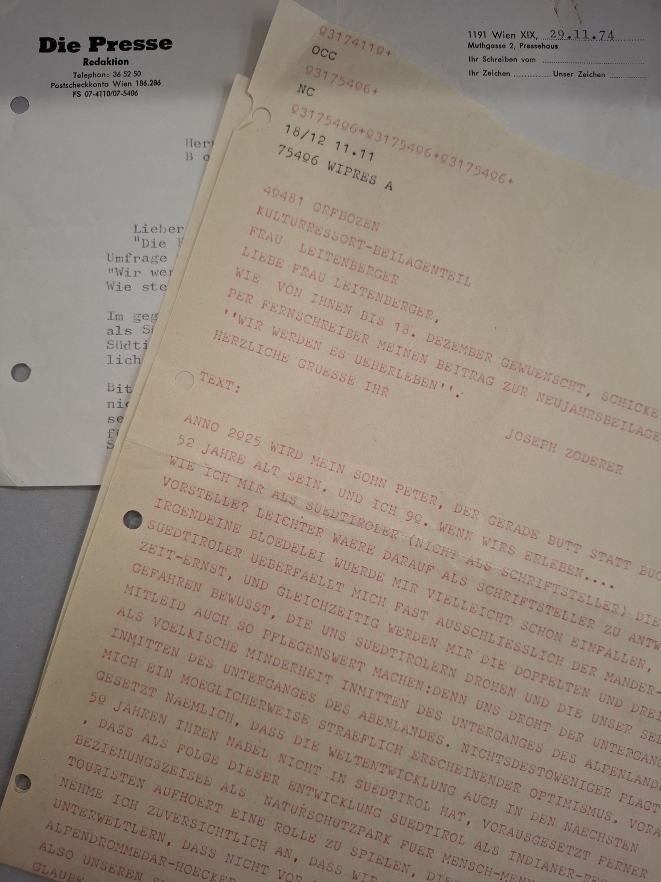 Forschungsinstitut Brenner-Archiv, Vorlass Joseph Zoderer, Sign. 184-37-26