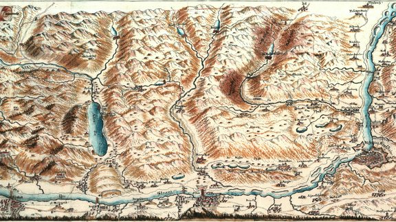 Mappa oder Landkarten aller Berg-Täler, Bässe, Land- und andere Strassen,  Unter- Ober Inntal Ende 17n. Jahrhundert