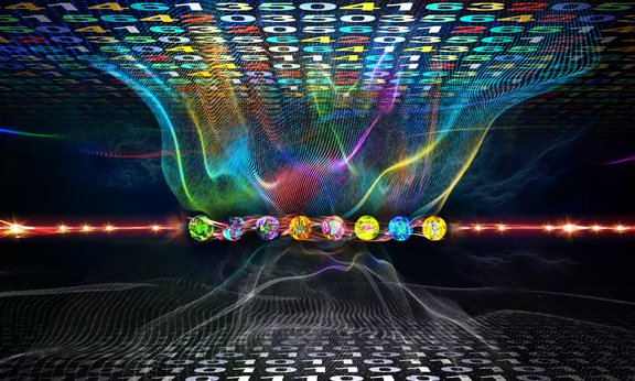 Coloured balls and numbers symbolize the inner life of a ion trap quantum computer