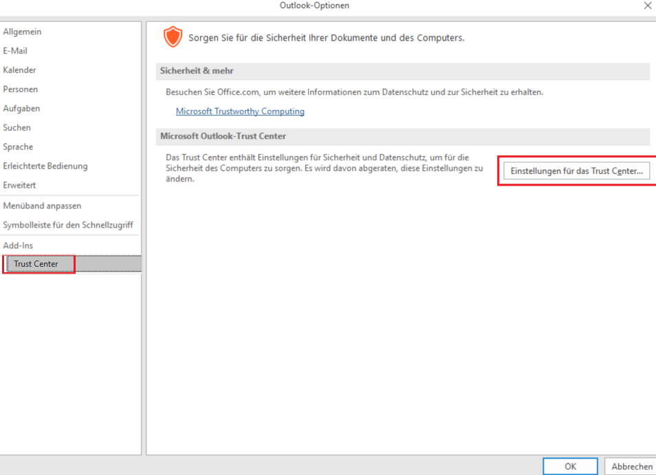 Trust Center Einstellungen