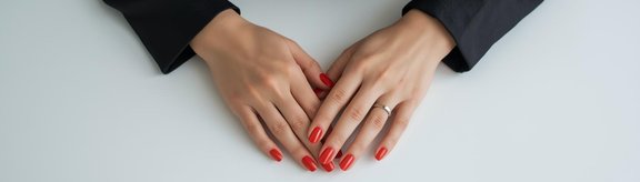 Hände mit rot lackierten Fingernägeln auf einer hellen Oberfläche.