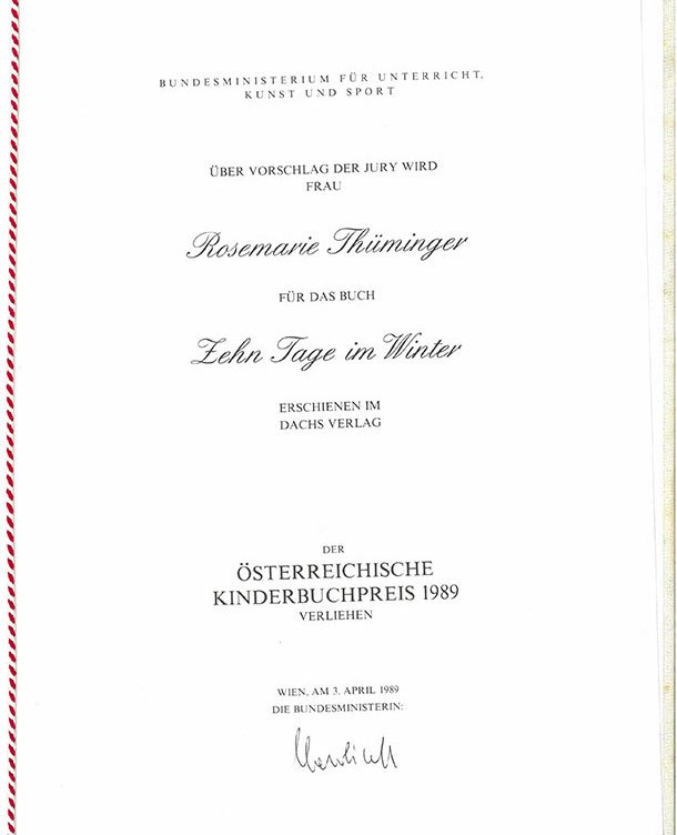 Urkunde: Österreichischer Staatspreis für Kinder- und Jugendliteratur (Kinderbuchpreis), 1989, unterzeichnet von Bundesministerin Hilde Hawlicek. (Vorlass Rosmarie Thüminger, noch ohne Sig.)