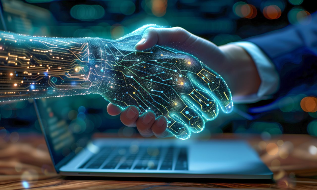 Futuristische KI Hand schüttelt einem Menschen die Hand.