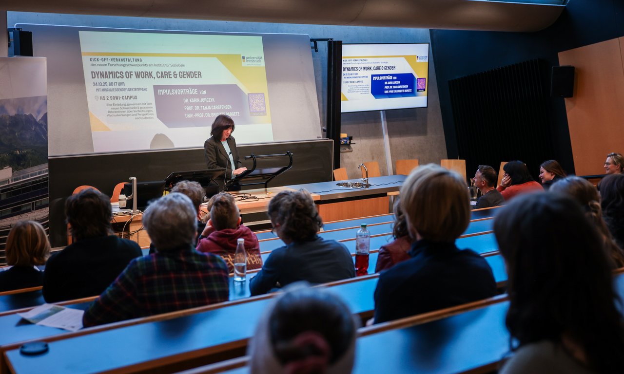 Hörsaal, Zuhörende von hinten, Votragende vor einer Powerpoint-Präsentation
