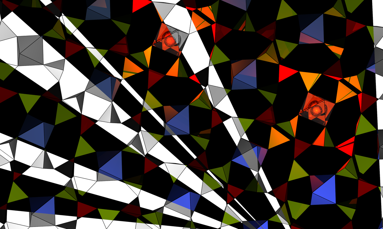 Illustration mit schwarz-weißem Hintergrund und Dreiecken in Rot, Orange, Blau und Grün