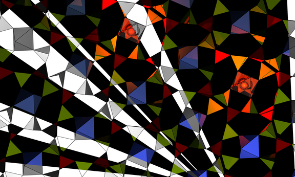 Illustration mit schwarz-weißem Hintergrund und Dreiecken in Rot, Orange, Blau und Grün