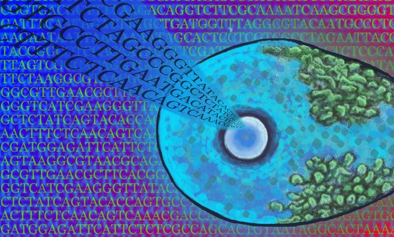 Illustration einer Mikrobe vor einem Hintergrund aus genetischem Code