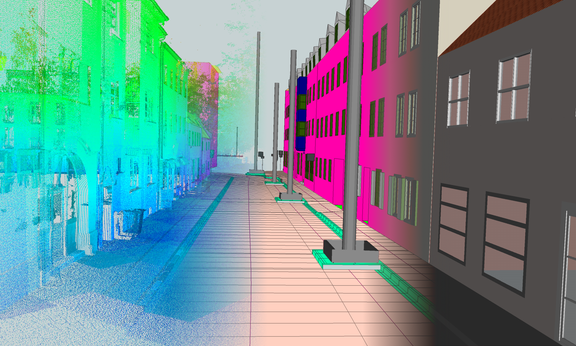 eine Darstellung einer Straßenflucht - links die Punktwolke, rechts ein BIM