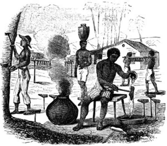 Indigene Kautschukverarbeitung Anfang des 19. Jahrhunderts in Pará. Quelle: D.P. Kidder u. J.C. Fletcher, Brazil and the Brazilians, London 1857, S. 553.