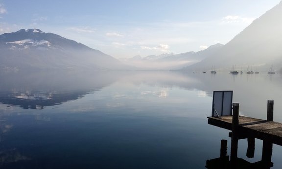 View from the Immensee village square site towards the southern basin of Lake Zug. The archaeological site is located directly on the western shore of the lake