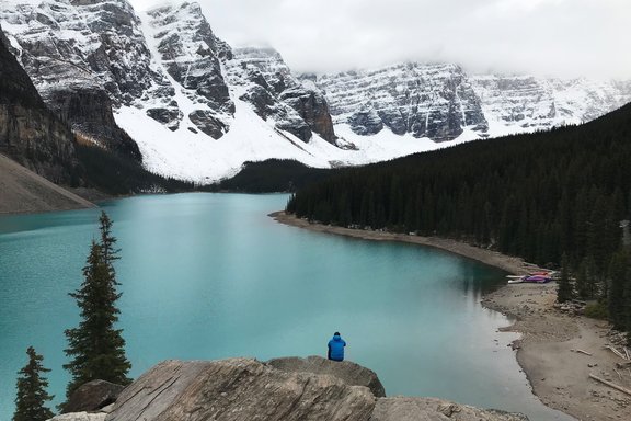 Student sitting at Lake in Banff