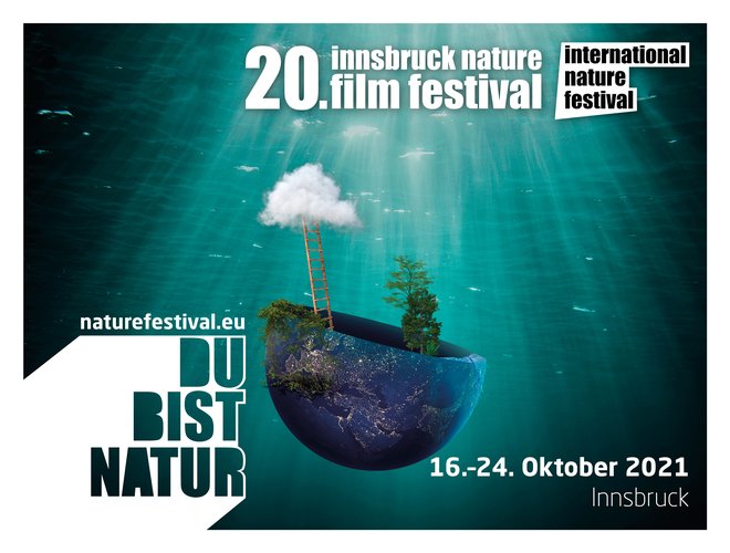 Plakat für INFF 2021, halbe Erde im Wasser mit einer Leiter und einem Baum